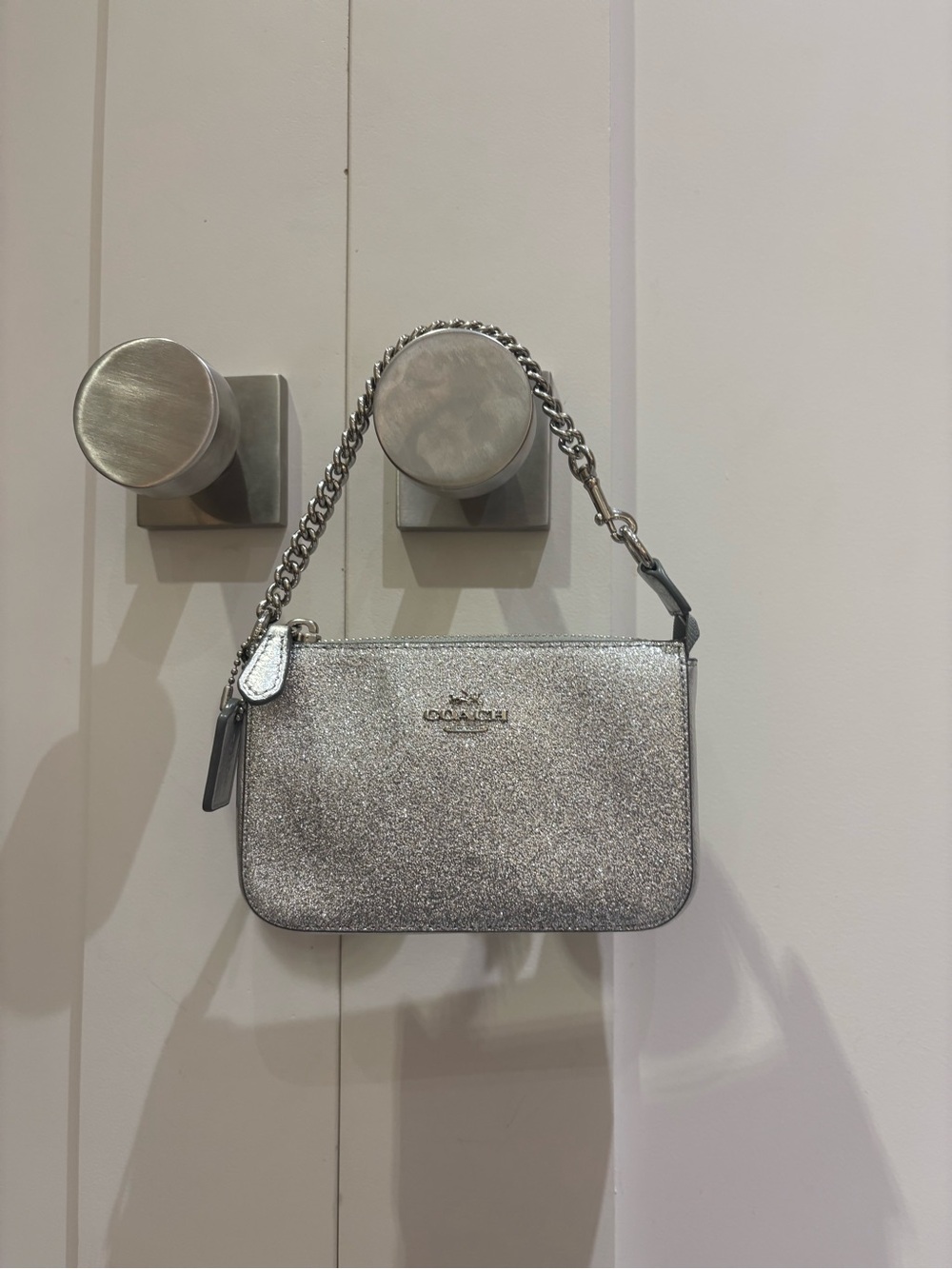 Coach Nolita 15 Silver Glitter Mini Bag Wristlet Chain Strap 64730B